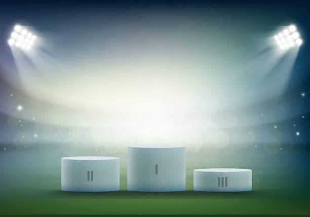Podium for sports awards at the stadium. Rewarding winner of the competition. Stock vector illustration.